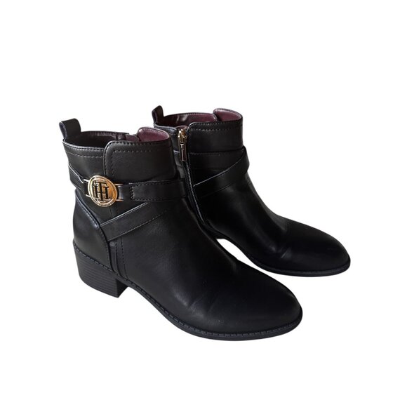Tommy Hilfiger Womens Black Ankle Boots Faux Leather Sz 7.5M Gold Logo Imiera - Picture 5 of 11